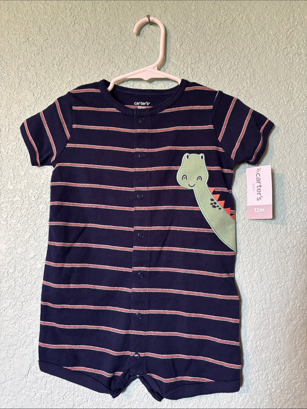 Carter's Baby Navy and Coral Striped Short Sleeve Romper Green Dino 12 mos NWT